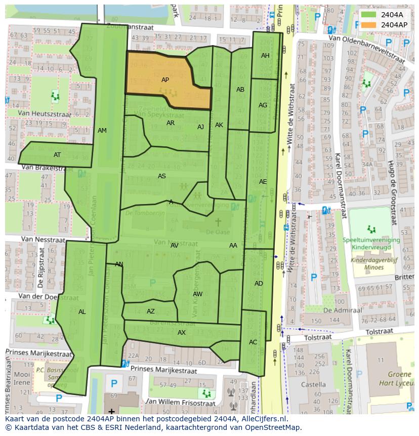 Afbeelding van het postcodegebied 2404 AP op de kaart.