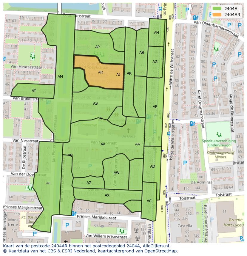 Afbeelding van het postcodegebied 2404 AR op de kaart.