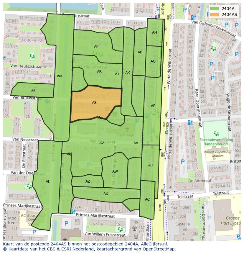 Afbeelding van het postcodegebied 2404 AS op de kaart.
