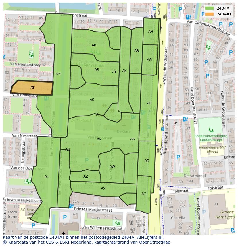 Afbeelding van het postcodegebied 2404 AT op de kaart.