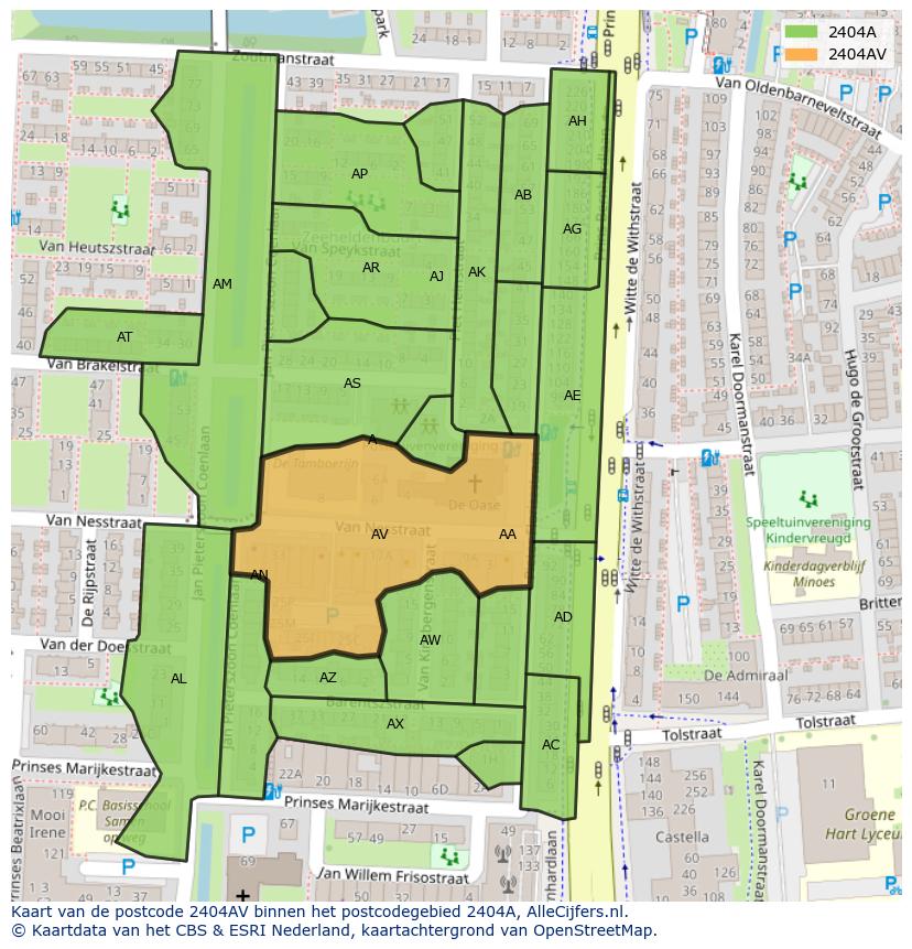 Afbeelding van het postcodegebied 2404 AV op de kaart.