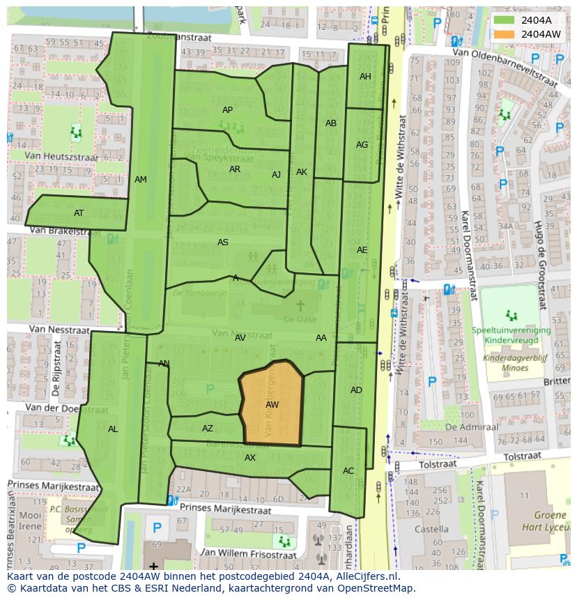 Afbeelding van het postcodegebied 2404 AW op de kaart.