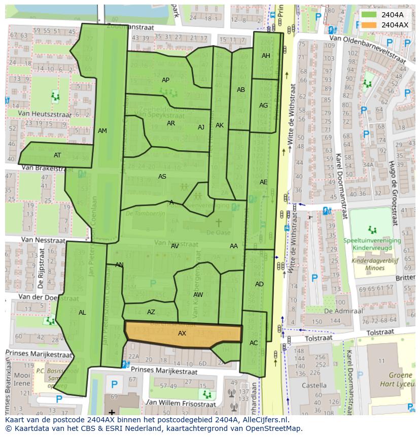 Afbeelding van het postcodegebied 2404 AX op de kaart.