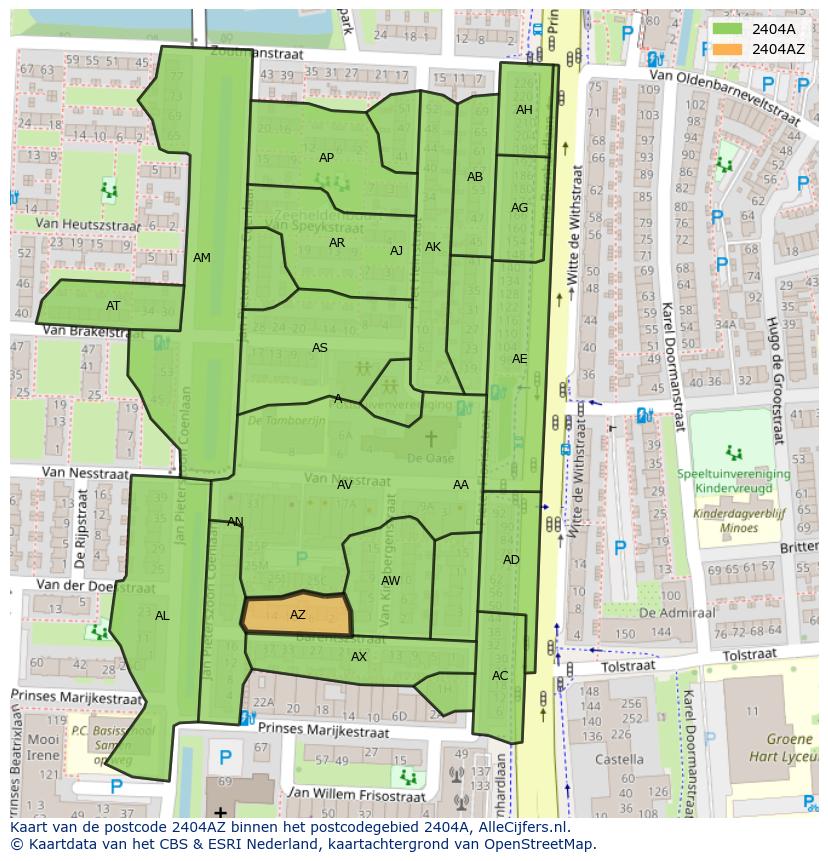 Afbeelding van het postcodegebied 2404 AZ op de kaart.