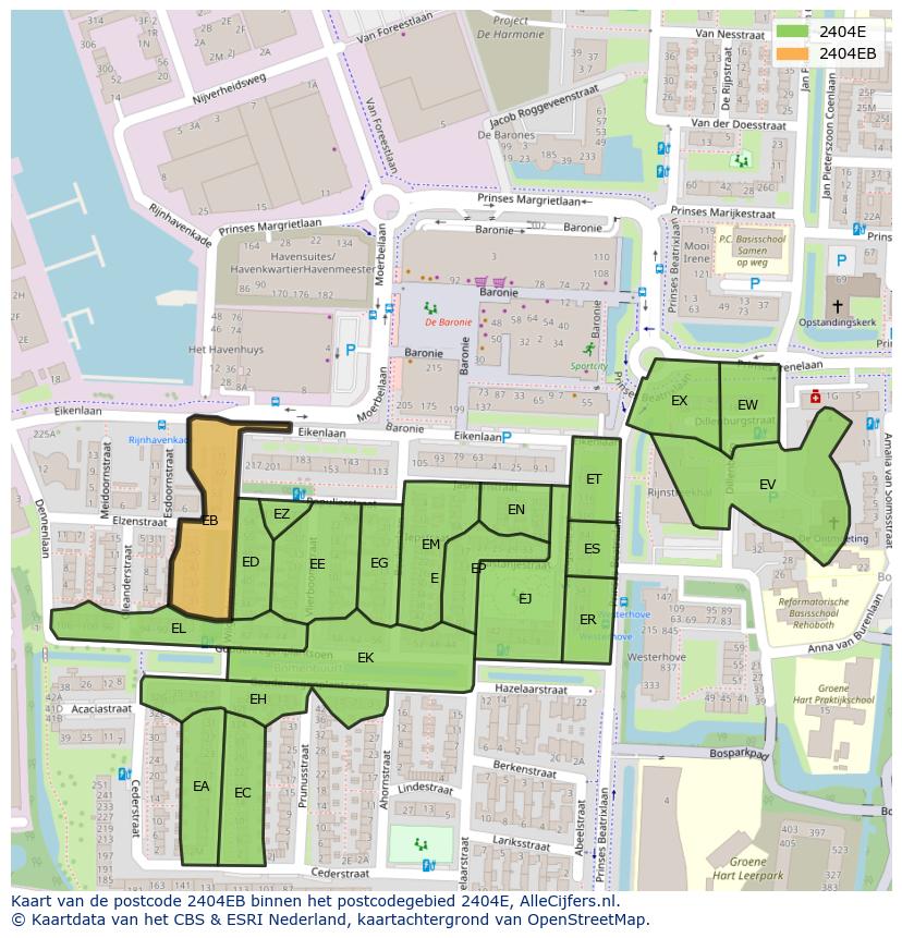 Afbeelding van het postcodegebied 2404 EB op de kaart.