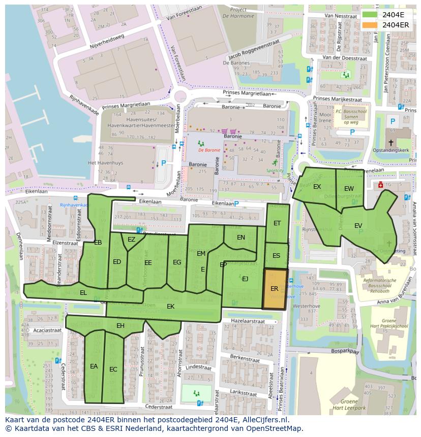 Afbeelding van het postcodegebied 2404 ER op de kaart.