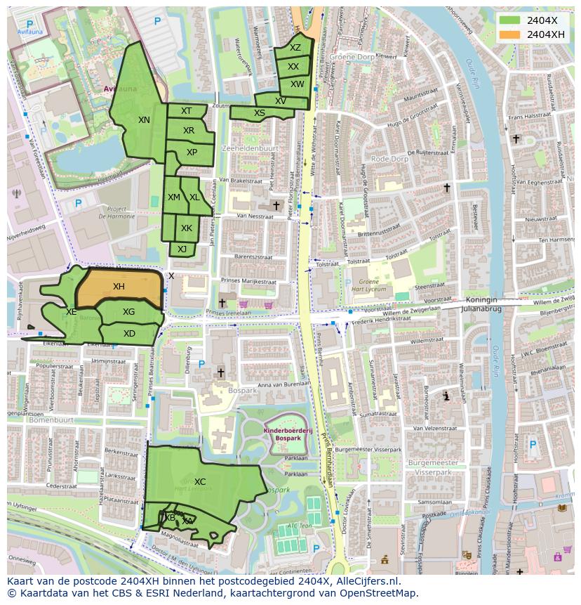 Afbeelding van het postcodegebied 2404 XH op de kaart.
