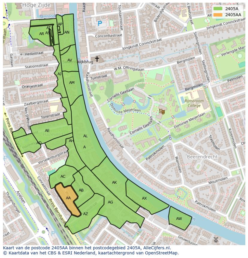 Afbeelding van het postcodegebied 2405 AA op de kaart.