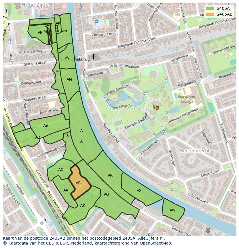 Afbeelding van het postcodegebied 2405 AB op de kaart.