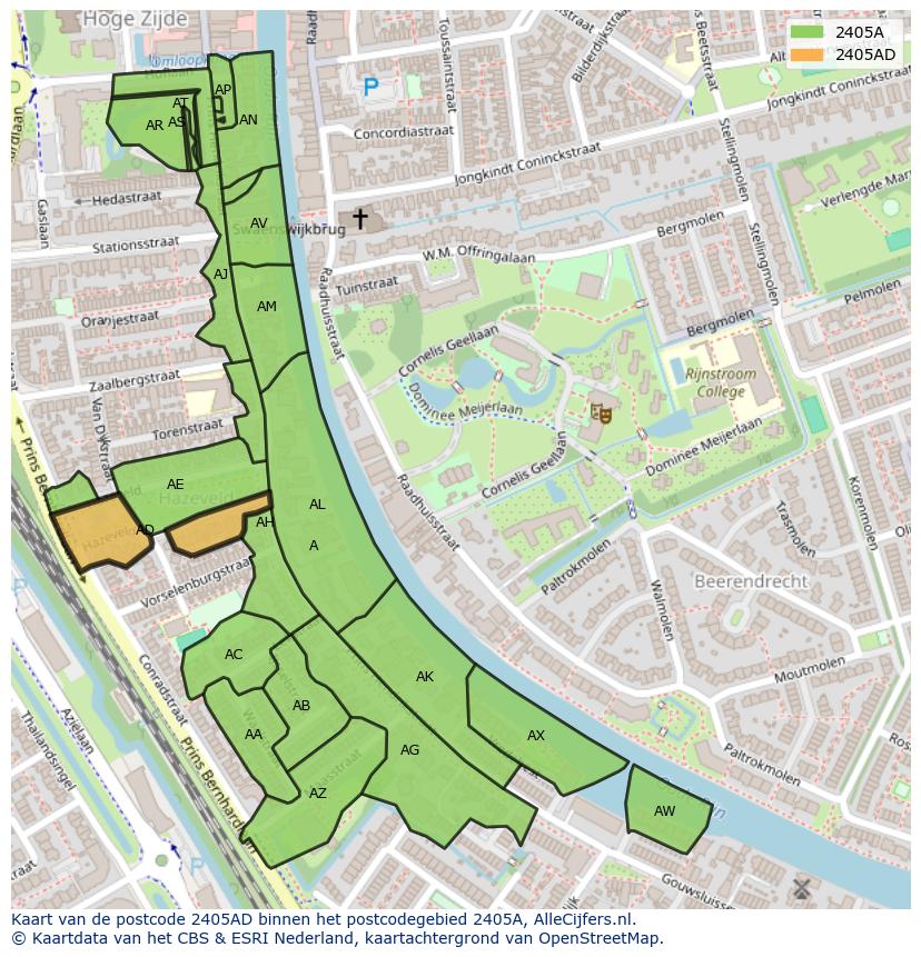 Afbeelding van het postcodegebied 2405 AD op de kaart.