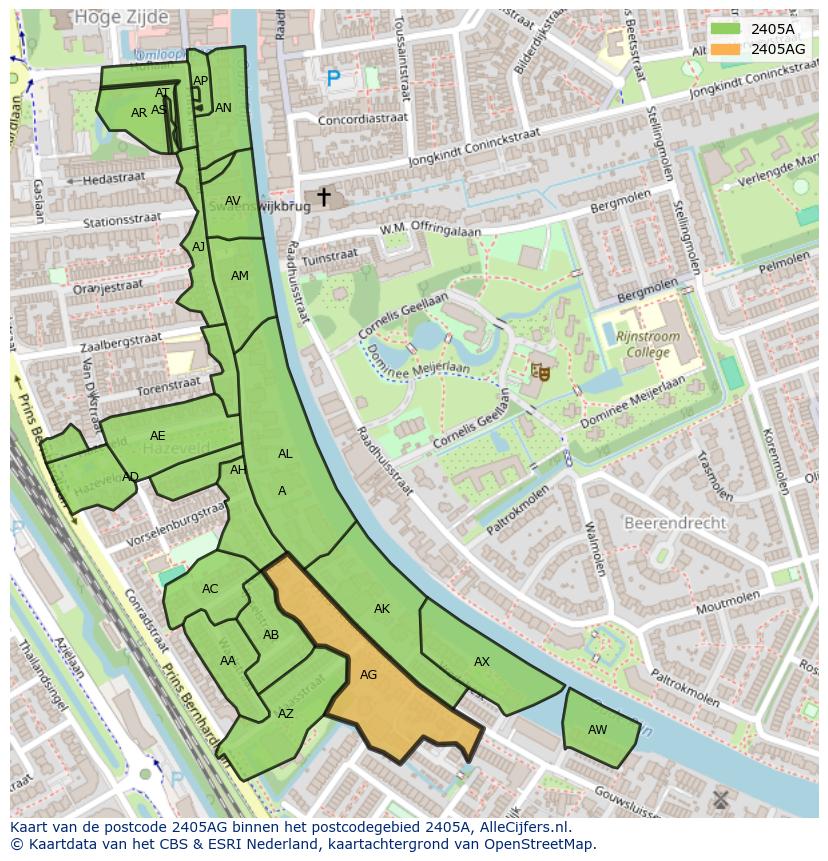 Afbeelding van het postcodegebied 2405 AG op de kaart.