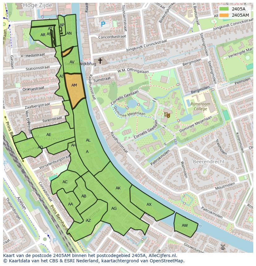 Afbeelding van het postcodegebied 2405 AM op de kaart.