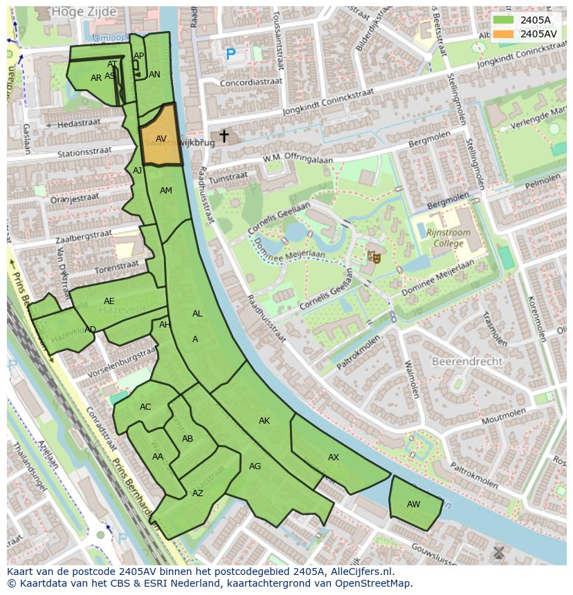 Afbeelding van het postcodegebied 2405 AV op de kaart.