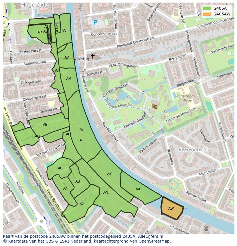 Afbeelding van het postcodegebied 2405 AW op de kaart.