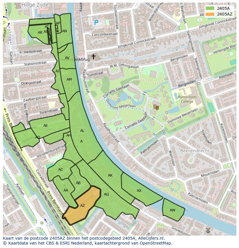 Afbeelding van het postcodegebied 2405 AZ op de kaart.