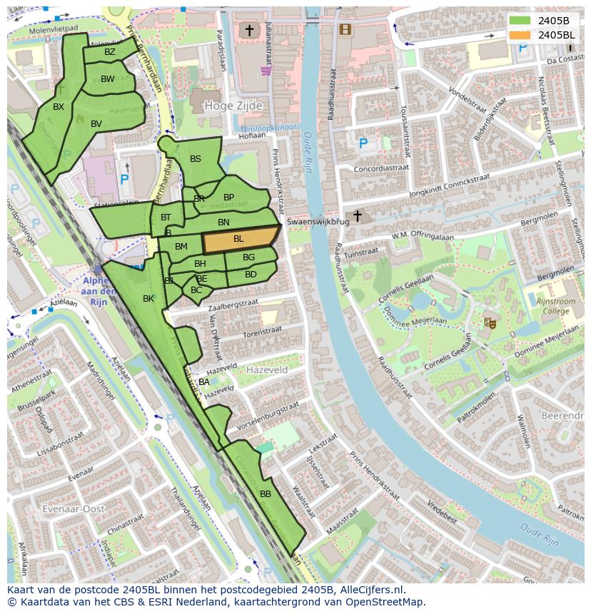 Afbeelding van het postcodegebied 2405 BL op de kaart.