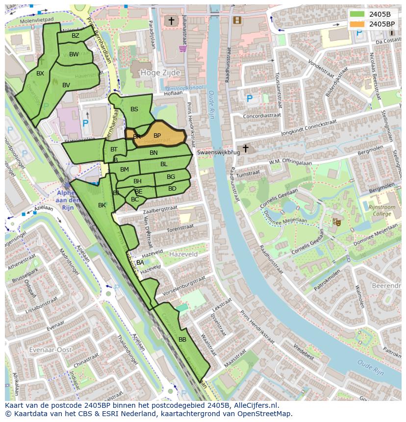 Afbeelding van het postcodegebied 2405 BP op de kaart.