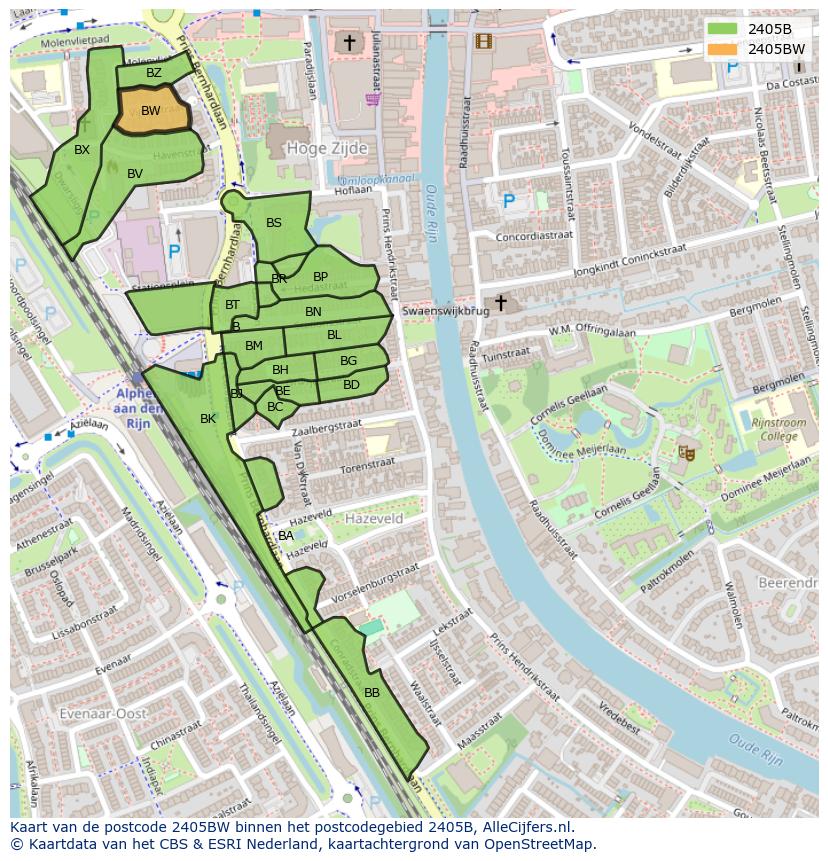 Afbeelding van het postcodegebied 2405 BW op de kaart.