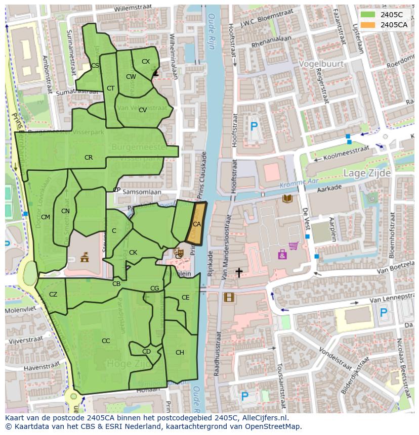 Afbeelding van het postcodegebied 2405 CA op de kaart.