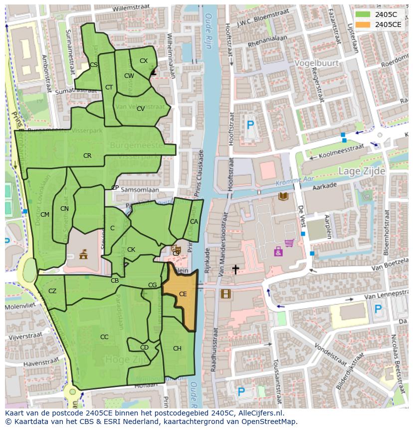 Afbeelding van het postcodegebied 2405 CE op de kaart.