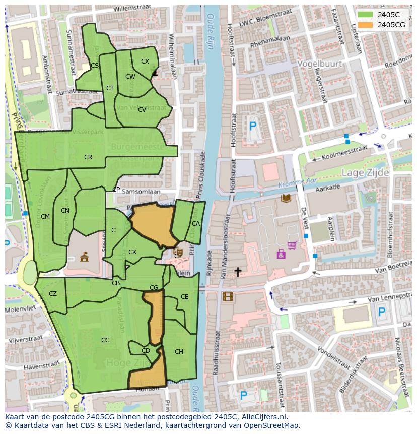 Afbeelding van het postcodegebied 2405 CG op de kaart.