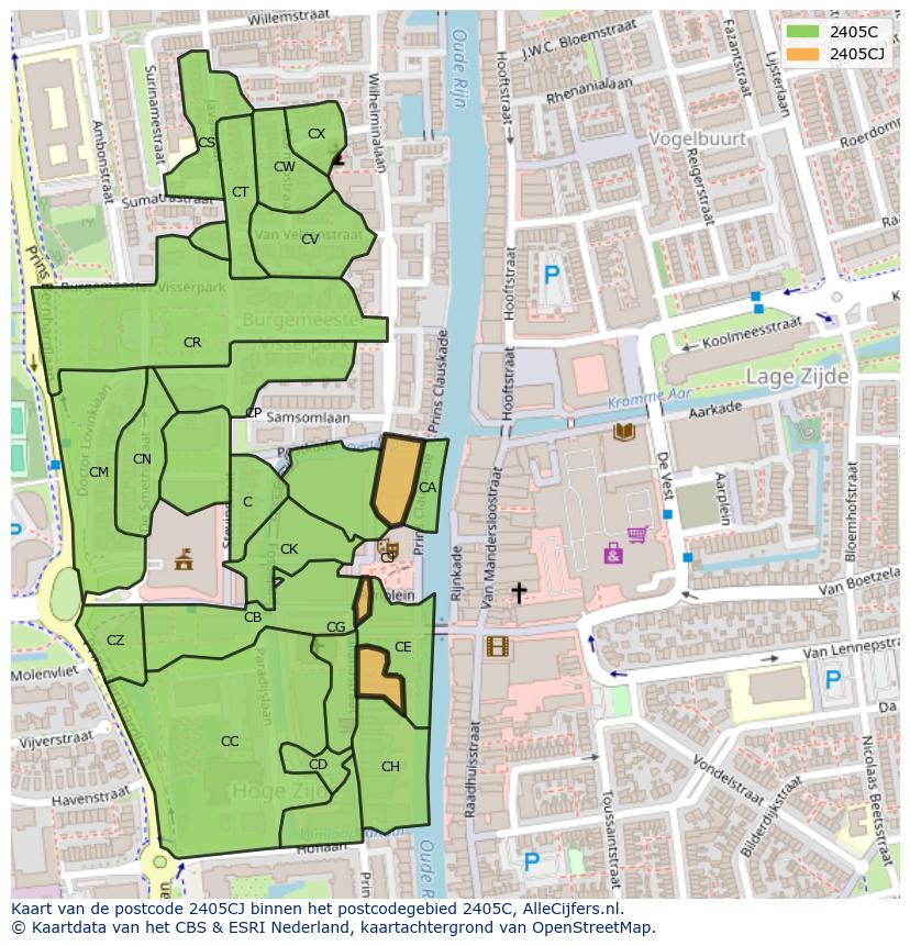 Afbeelding van het postcodegebied 2405 CJ op de kaart.