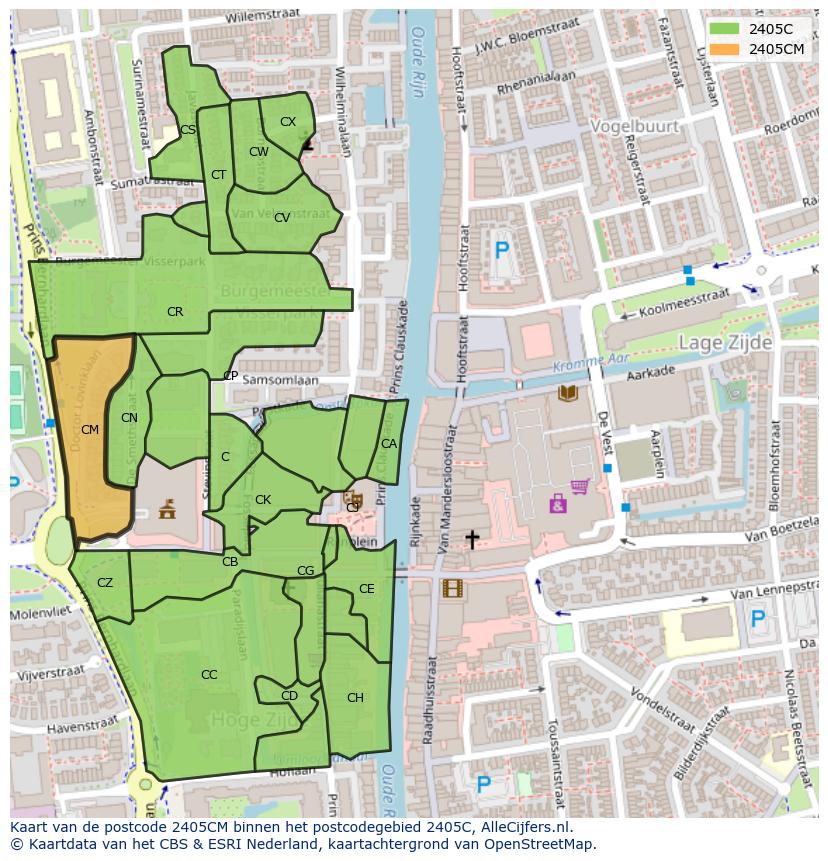 Afbeelding van het postcodegebied 2405 CM op de kaart.