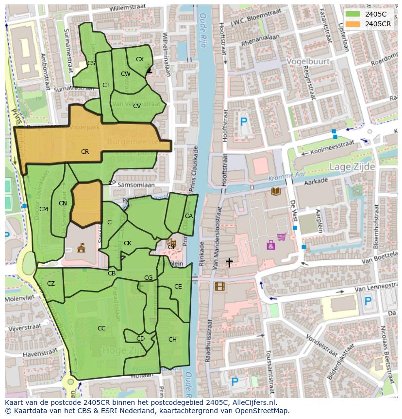 Afbeelding van het postcodegebied 2405 CR op de kaart.