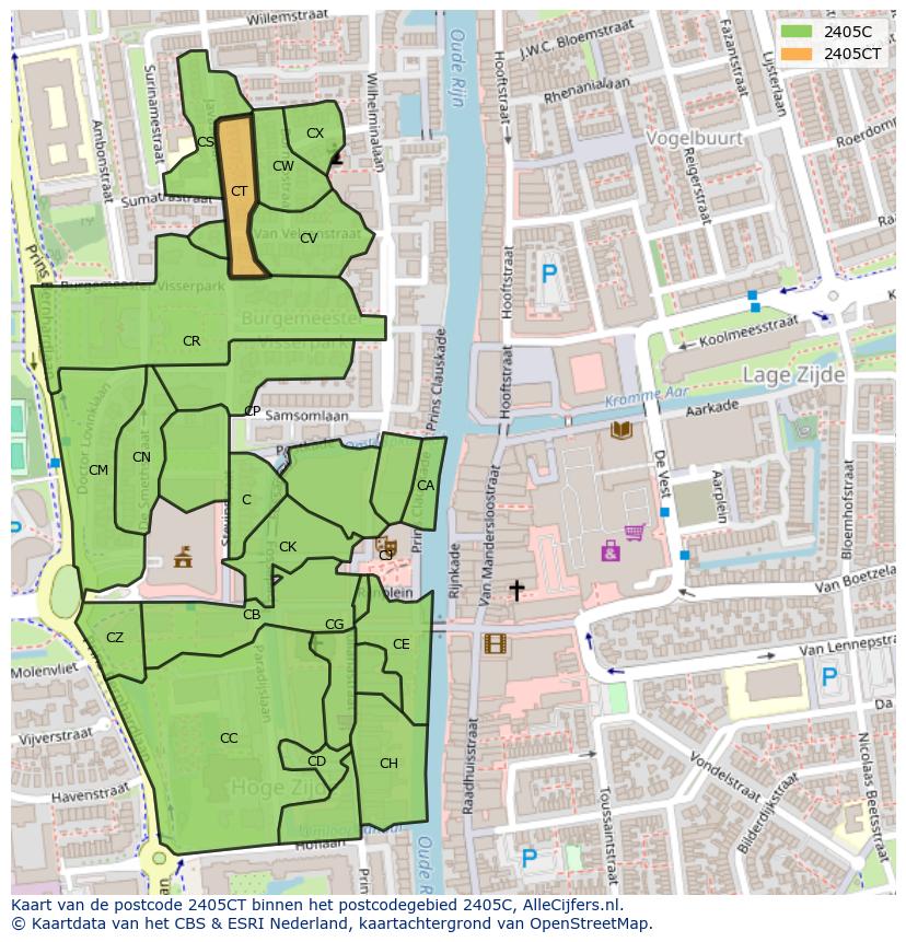 Afbeelding van het postcodegebied 2405 CT op de kaart.