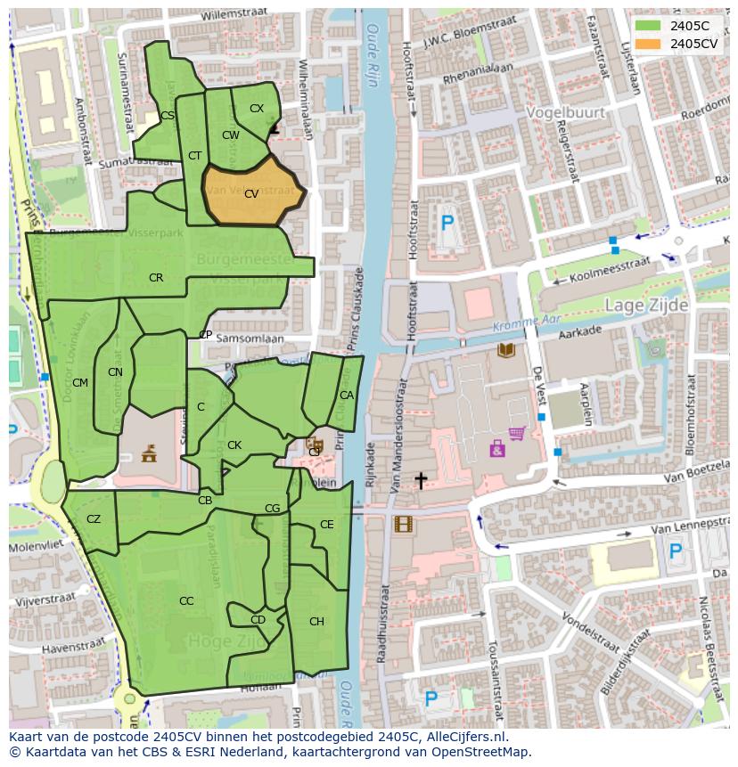 Afbeelding van het postcodegebied 2405 CV op de kaart.