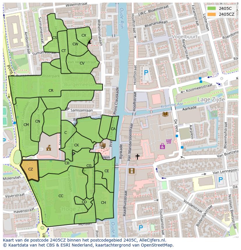 Afbeelding van het postcodegebied 2405 CZ op de kaart.