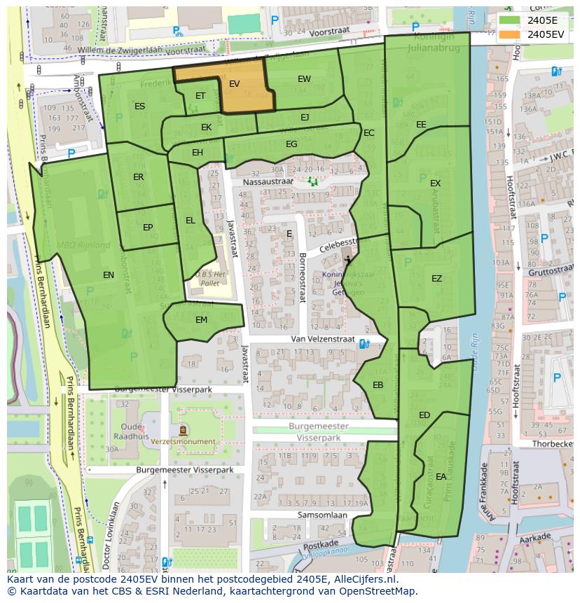 Afbeelding van het postcodegebied 2405 EV op de kaart.