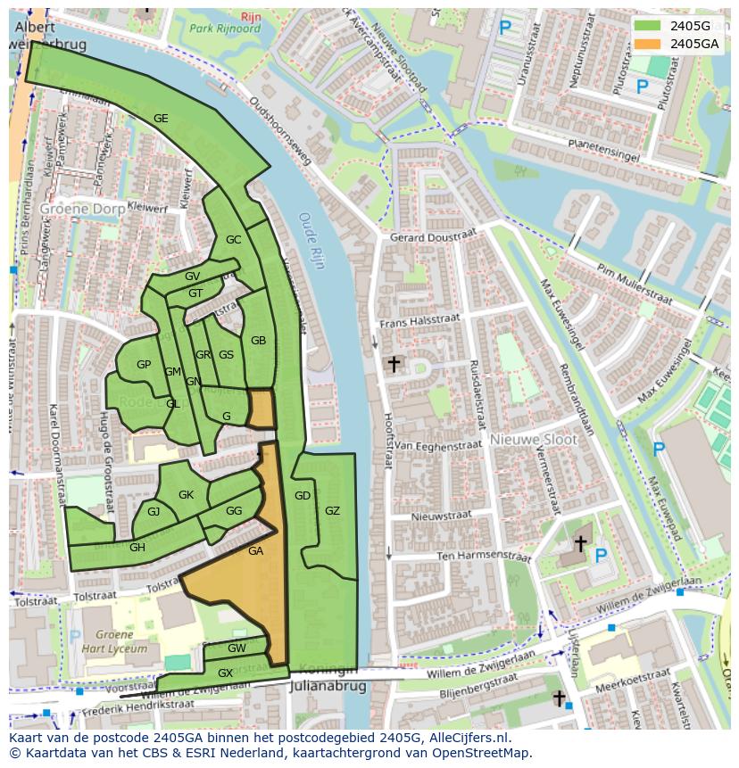 Afbeelding van het postcodegebied 2405 GA op de kaart.