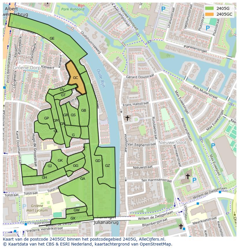 Afbeelding van het postcodegebied 2405 GC op de kaart.