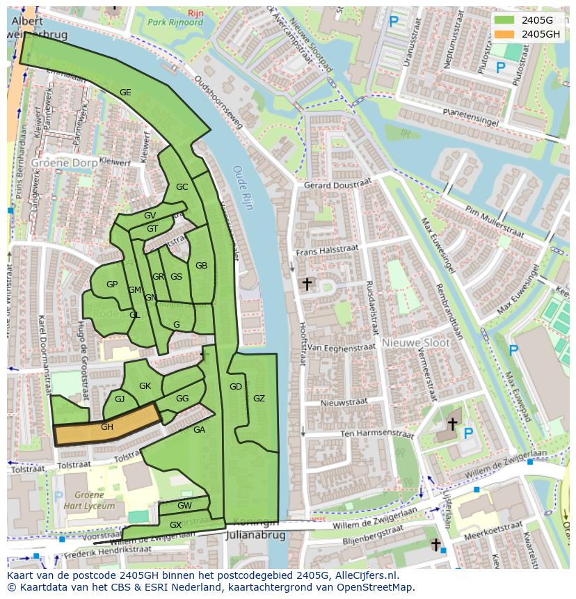 Afbeelding van het postcodegebied 2405 GH op de kaart.