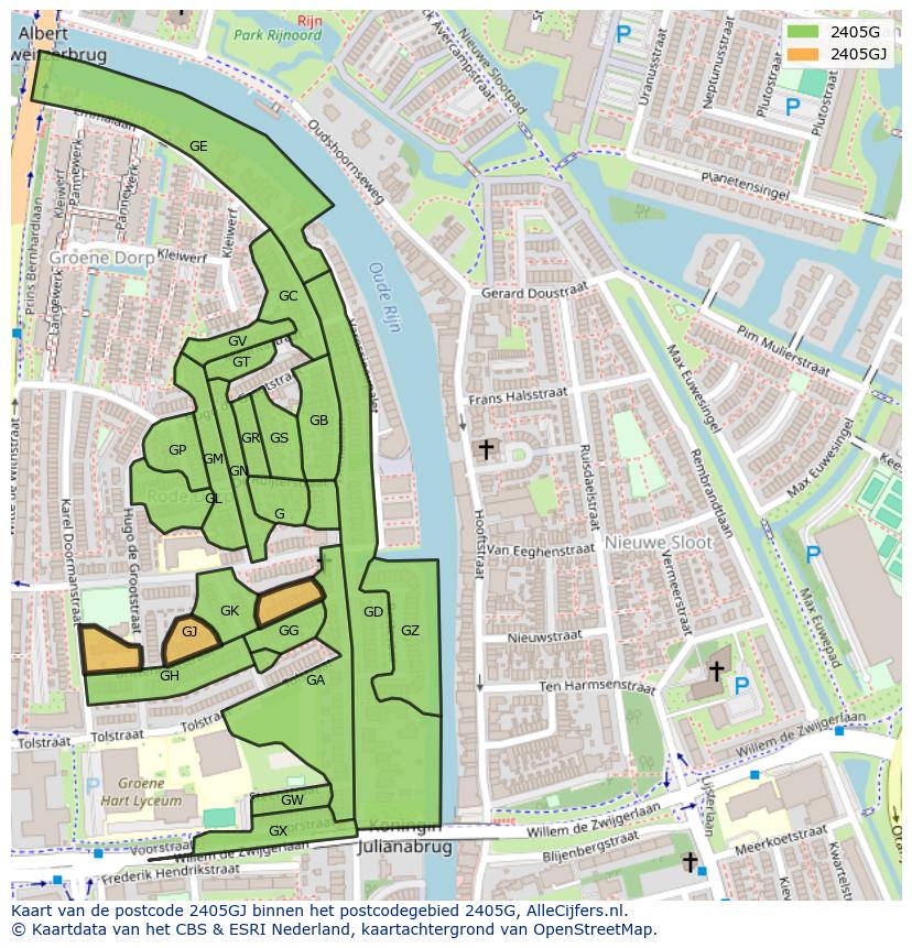 Afbeelding van het postcodegebied 2405 GJ op de kaart.