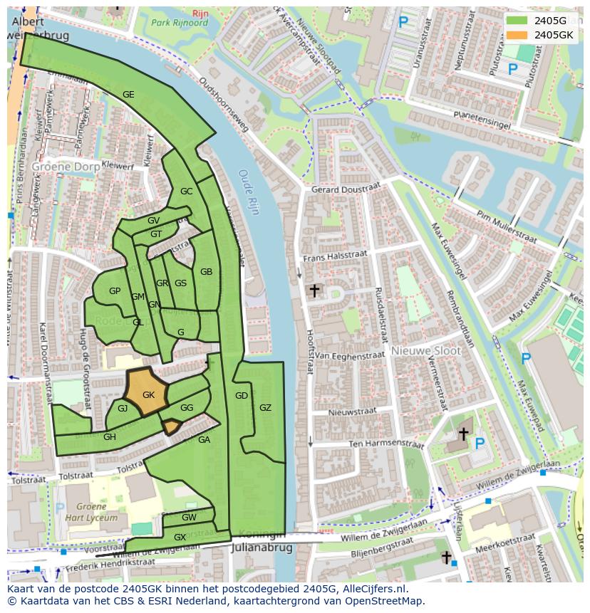 Afbeelding van het postcodegebied 2405 GK op de kaart.