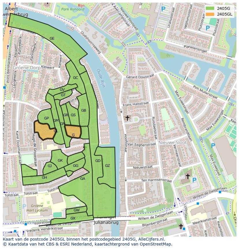 Afbeelding van het postcodegebied 2405 GL op de kaart.