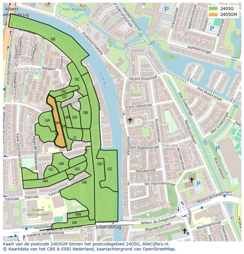 Afbeelding van het postcodegebied 2405 GM op de kaart.