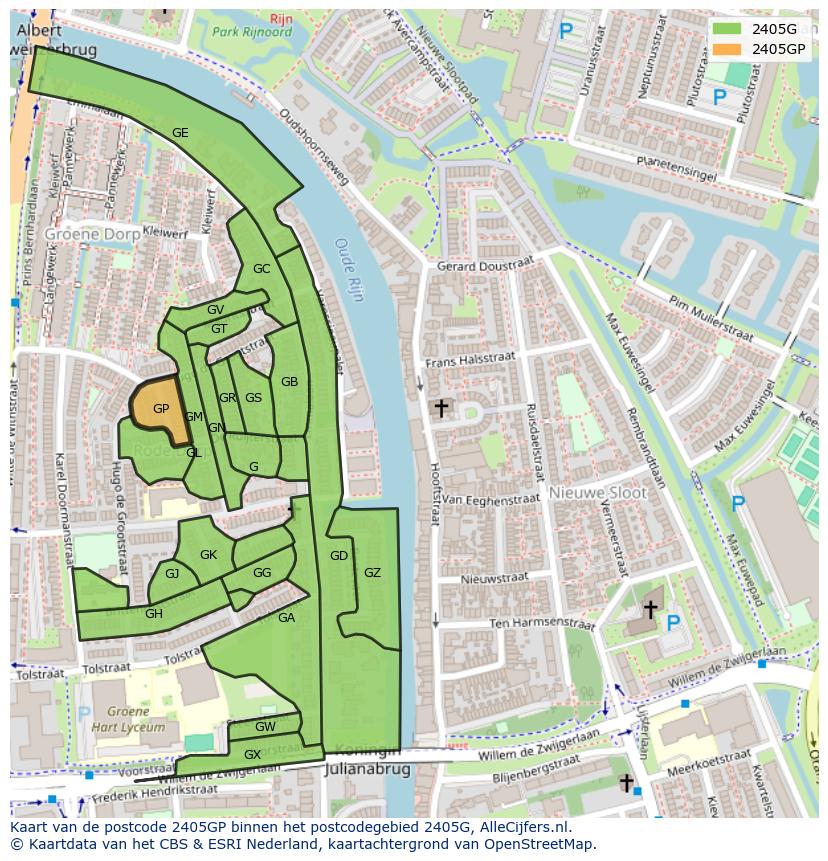 Afbeelding van het postcodegebied 2405 GP op de kaart.