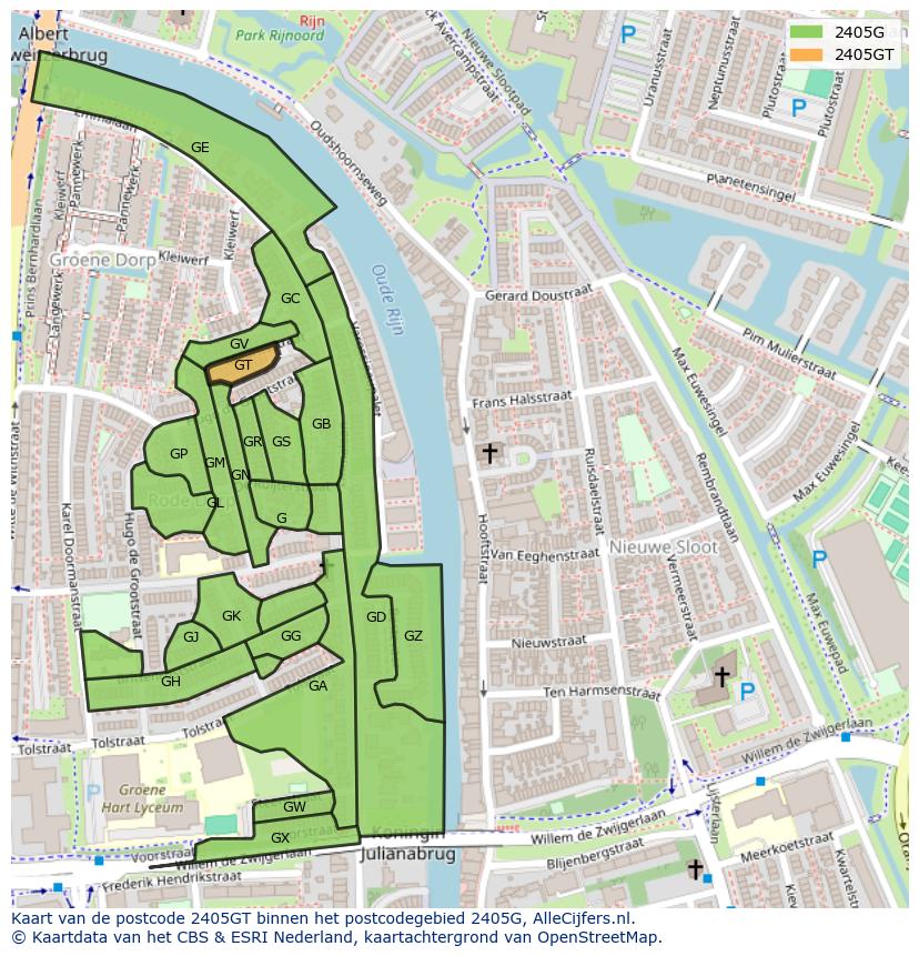 Afbeelding van het postcodegebied 2405 GT op de kaart.
