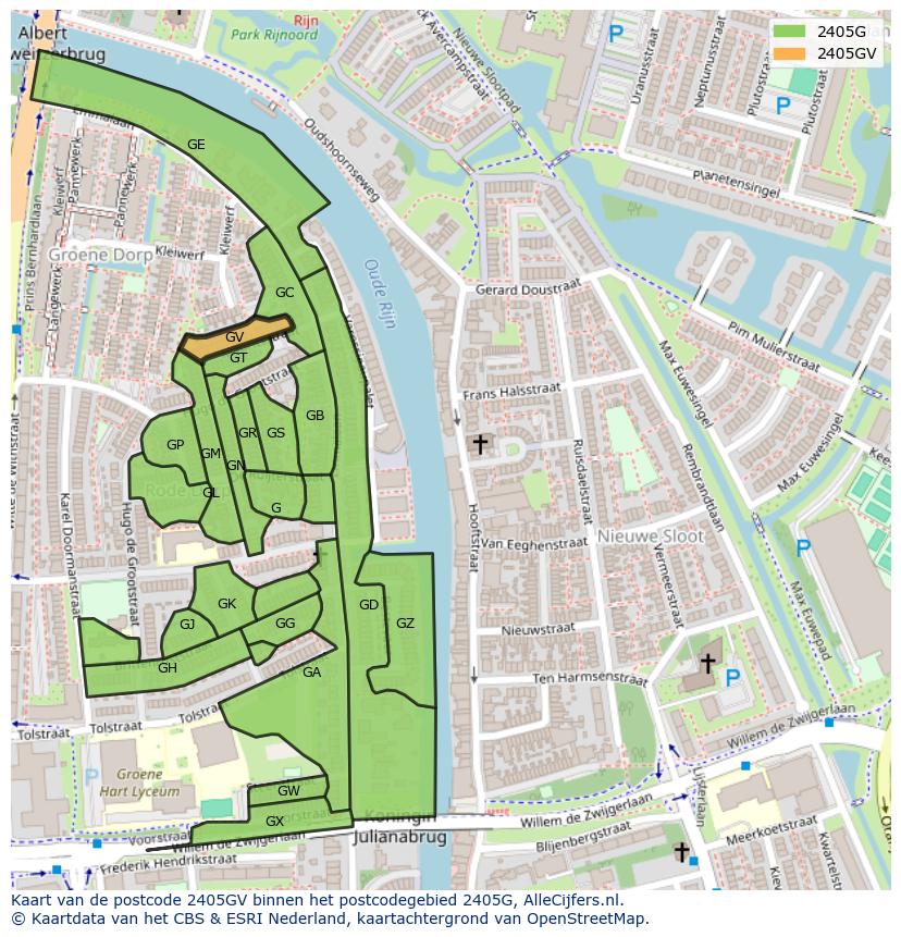 Afbeelding van het postcodegebied 2405 GV op de kaart.