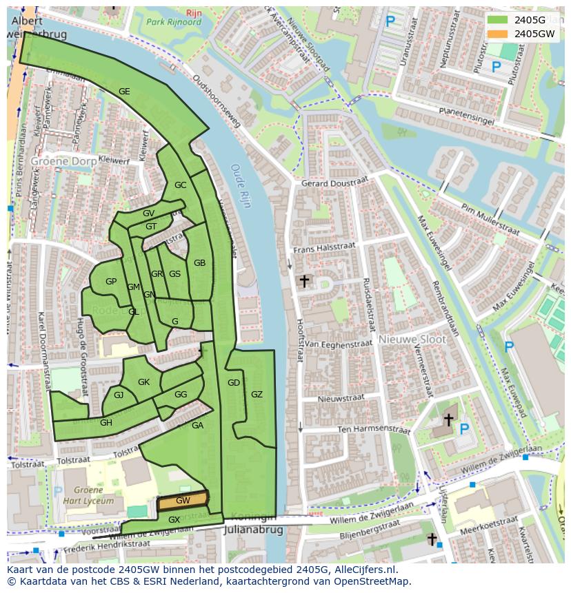 Afbeelding van het postcodegebied 2405 GW op de kaart.