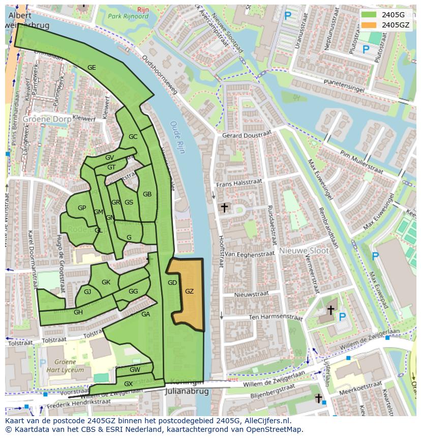 Afbeelding van het postcodegebied 2405 GZ op de kaart.