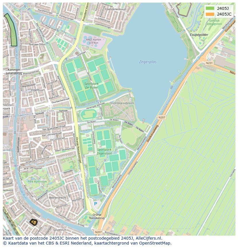 Afbeelding van het postcodegebied 2405 JC op de kaart.