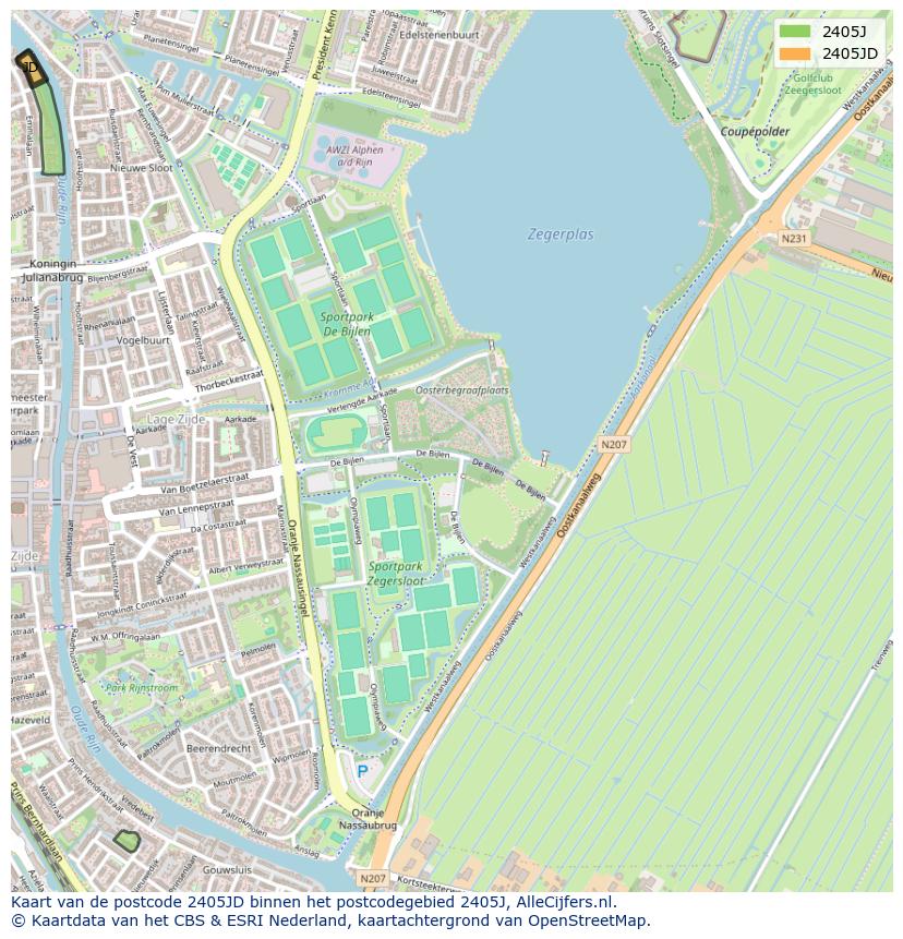 Afbeelding van het postcodegebied 2405 JD op de kaart.