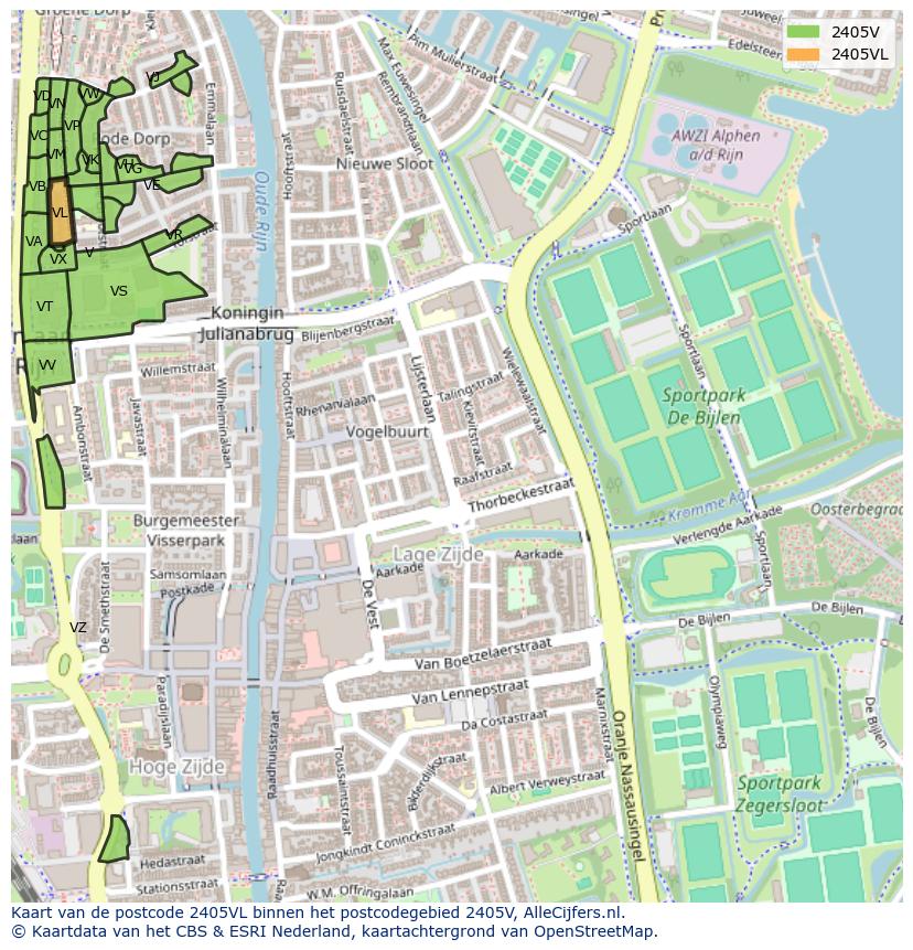 Afbeelding van het postcodegebied 2405 VL op de kaart.