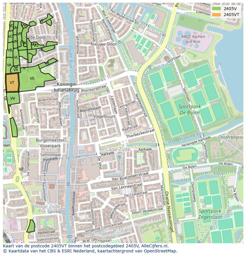 Afbeelding van het postcodegebied 2405 VT op de kaart.
