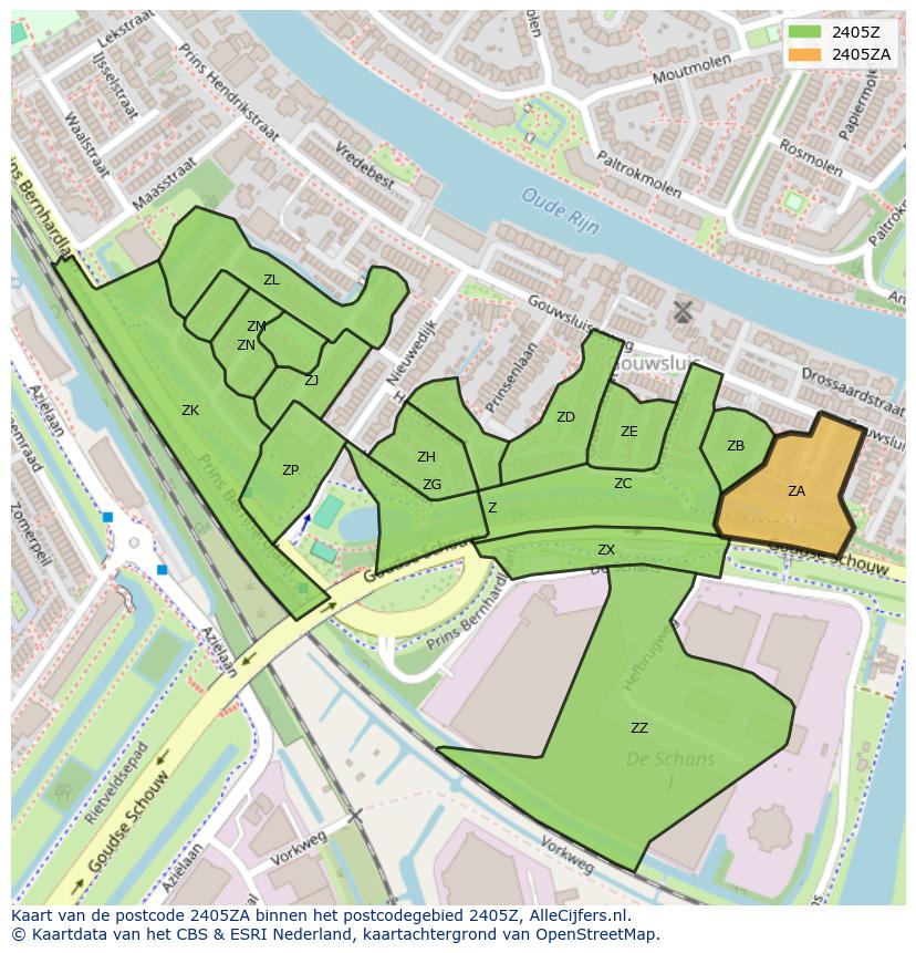 Afbeelding van het postcodegebied 2405 ZA op de kaart.