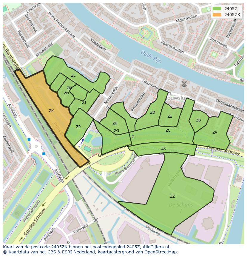 Afbeelding van het postcodegebied 2405 ZK op de kaart.